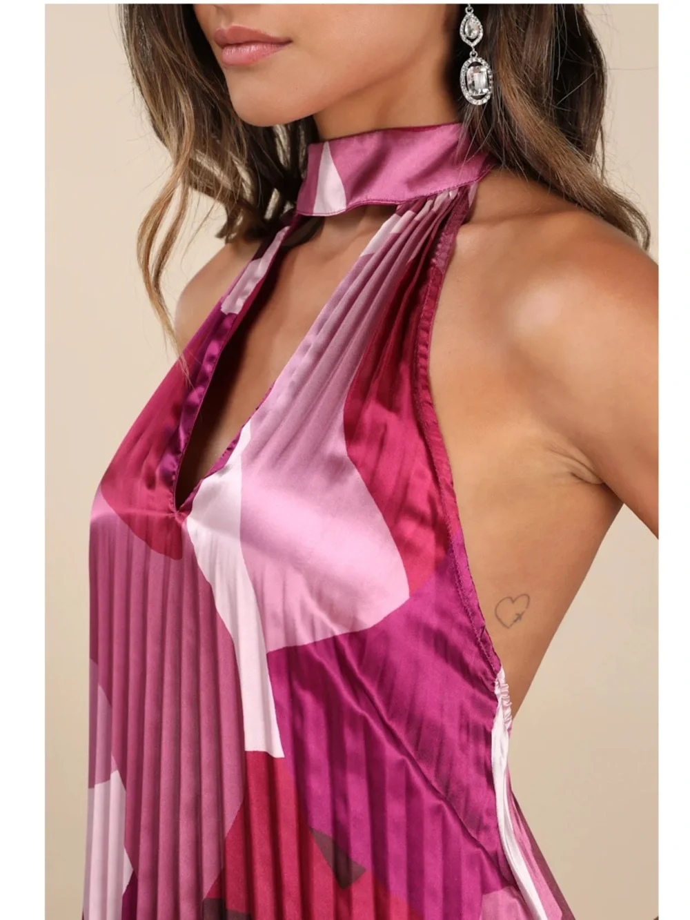 NWT Lulu’s Prime Poise Pink Multi Abstract Satin Halter Maxi Dress Medium Chic